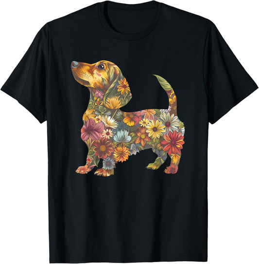 Dachshund Flower Funny Dog Silhouette Floral Gifts Women Men T-Shirt