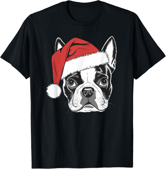 Joyful Boston Terrier Santa Dog on Boston Terrier Christmas T-Shirt