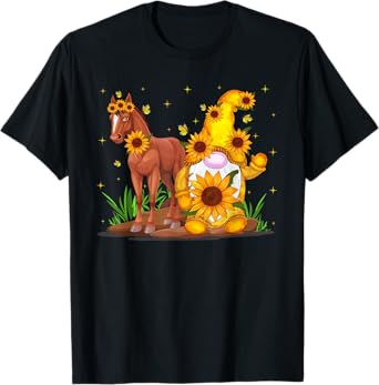Cute Gnome and Horse Sunflower Funny Gnome Horse Builder T-Shirt