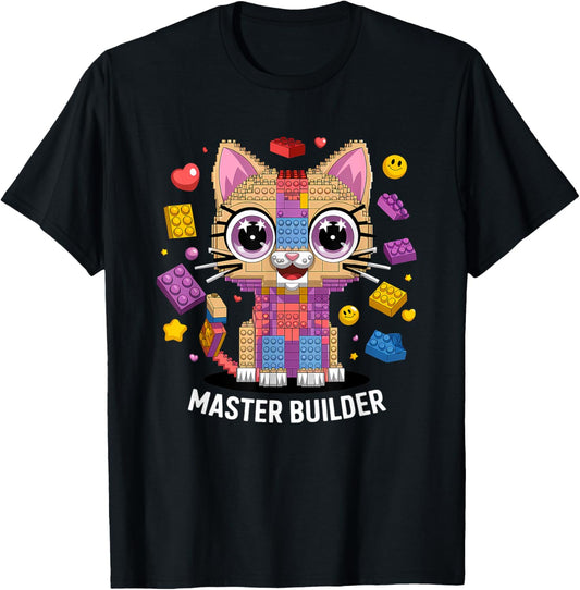 Funny Cat Master Builder Building Bricks Block Girls Family T-Shirt