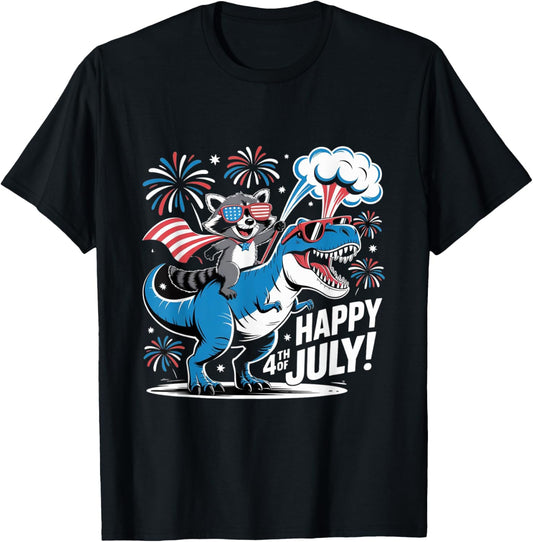 Funny Raccoon Riding dinosaur 4th Of July Patriotic T-Shirt