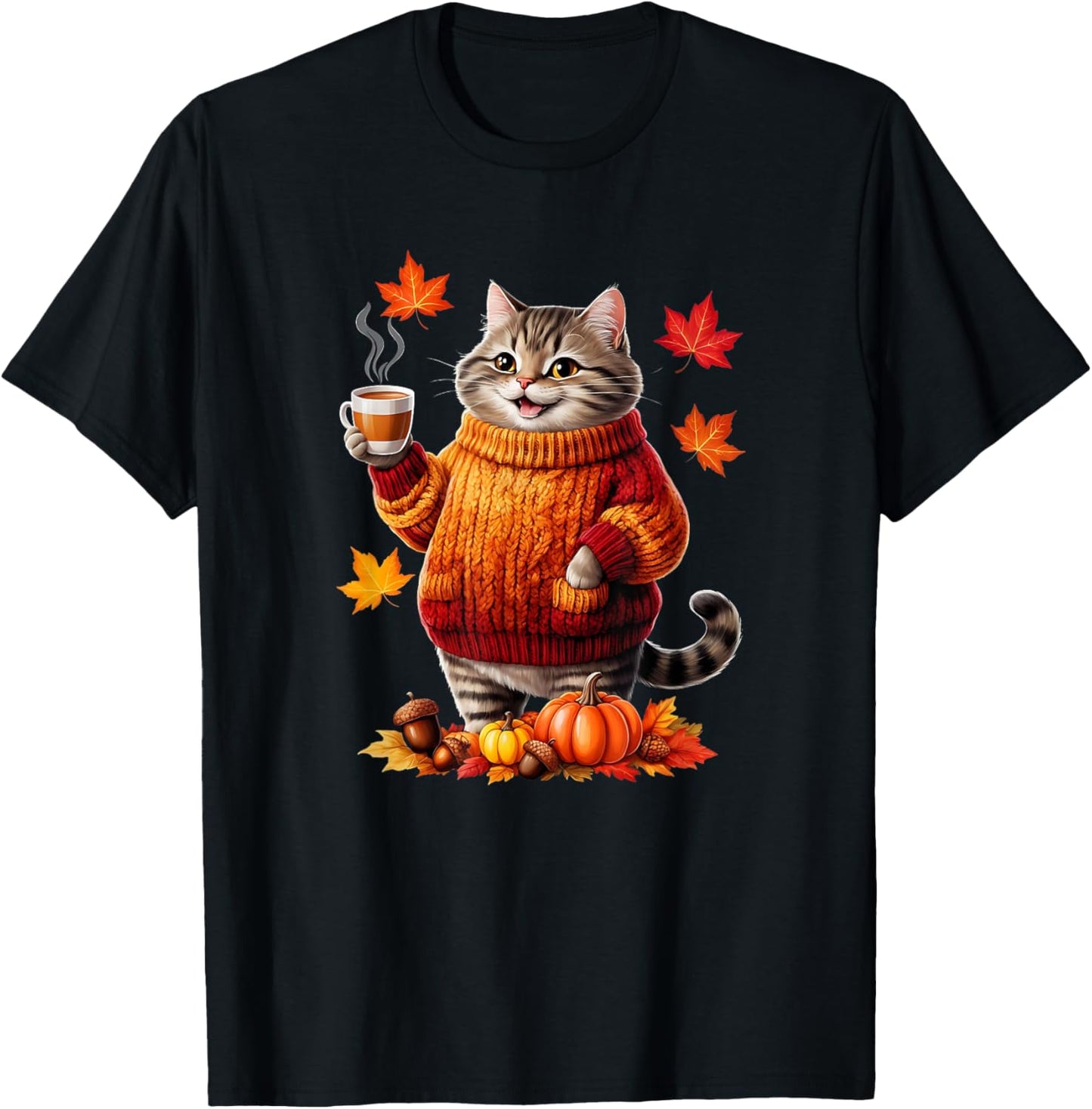 Cozy Cat With Sweater Funny Fall Graphic T-Shirt