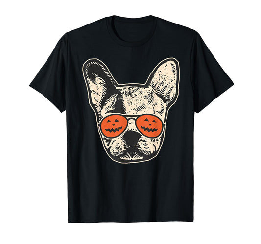 Frenchie in Pumpkin Sunglasses - French Bulldog Halloween T-Shirt