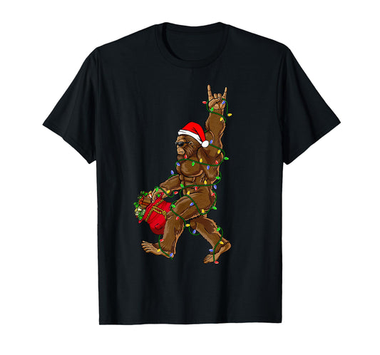 Santa Bigfoot Christmas Lights Rock Funny Sasquatch Believe T-Shirt