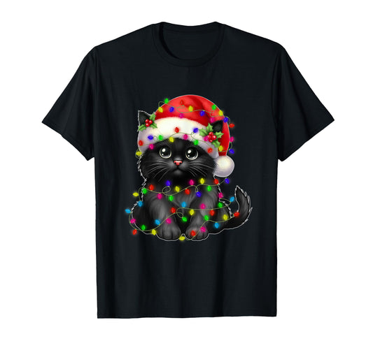 Black Cat Christmas Light Santa Hat Xmas Christmas Cat Lover Men Women Kids T-Shirt