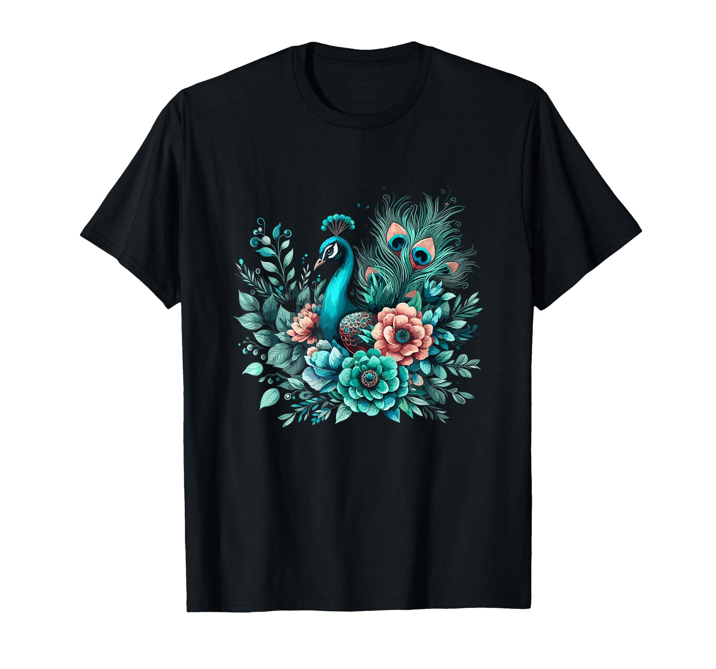 Beautiful Floral Flower Teal Feathers Peacock T-Shirt