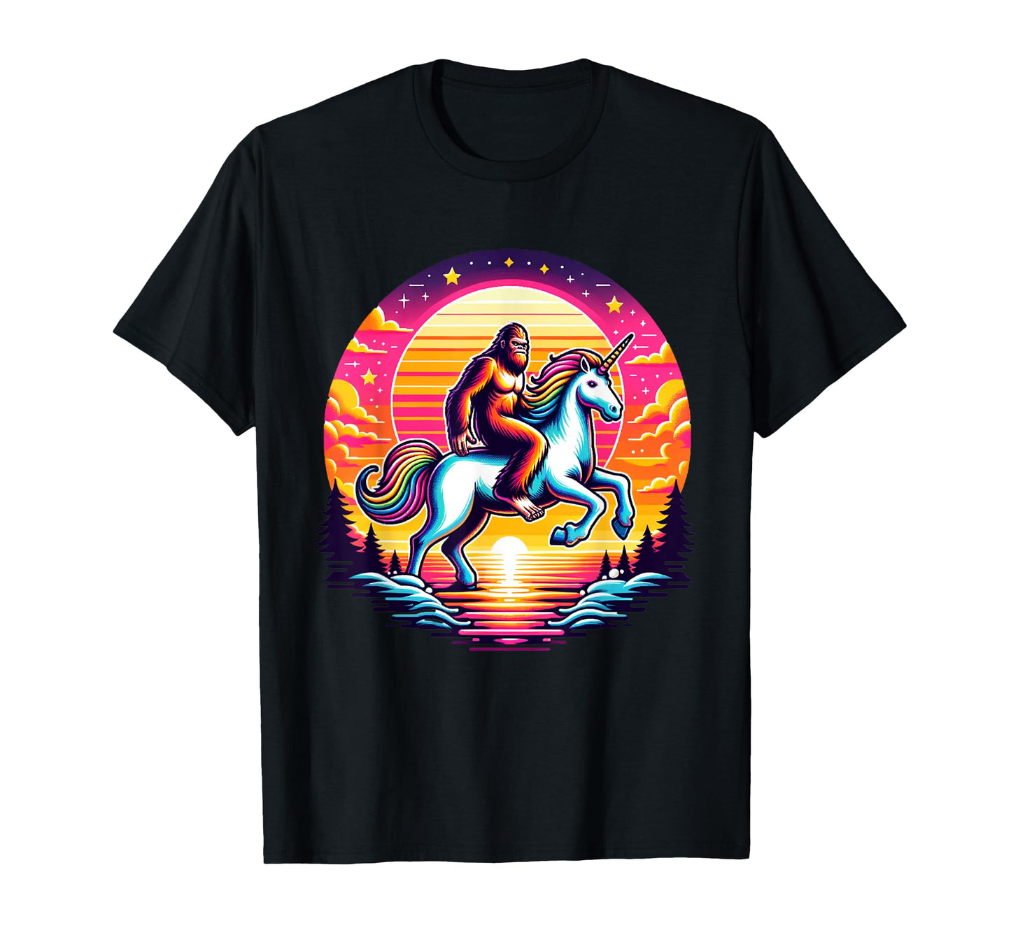 Bigfoot Riding Unicorn! Funny Sasquatch Unicorn Retro Sunset T-Shirt