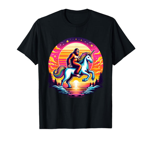 Bigfoot Riding Unicorn! Funny Sasquatch Unicorn Retro Sunset T-Shirt