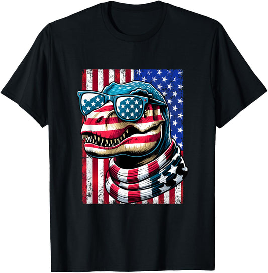 T-Rex Dinosaur USA Flag 4th of July T-Shirt