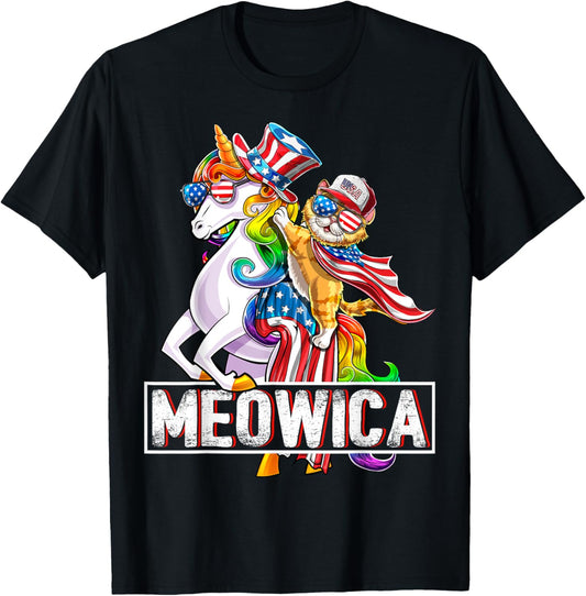 Meowica Unicorn Cat American Flag Patriotic 4th of July Kids T-Shirt