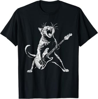Retro funny guitar cat rock cat playing guitar Men Women Kids T-Shirt