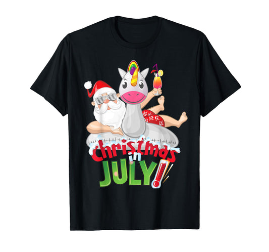 Funny Christmas in July Shirt Summer Unicorn Float Xmas T-Shirt for Men Women Kids