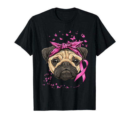 Breast Cancer Awareness Pug Dog Pink Ribbon Cancer Survivor T-Shirt