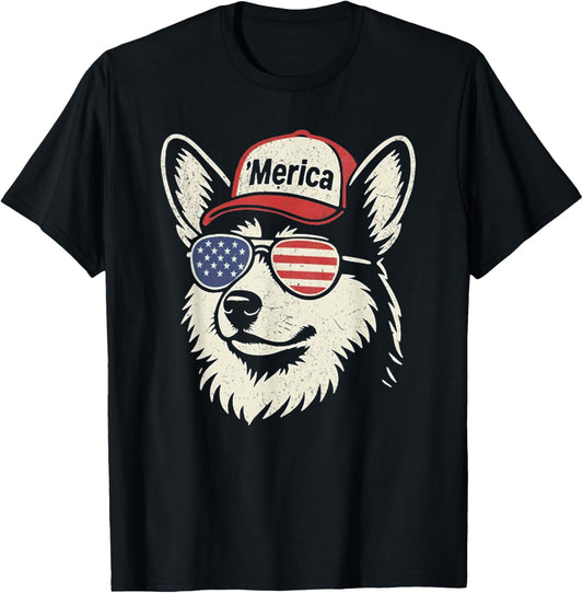 'Merica Corgi Dog Wearing Sunglasses Hat 4th of July T-Shirt