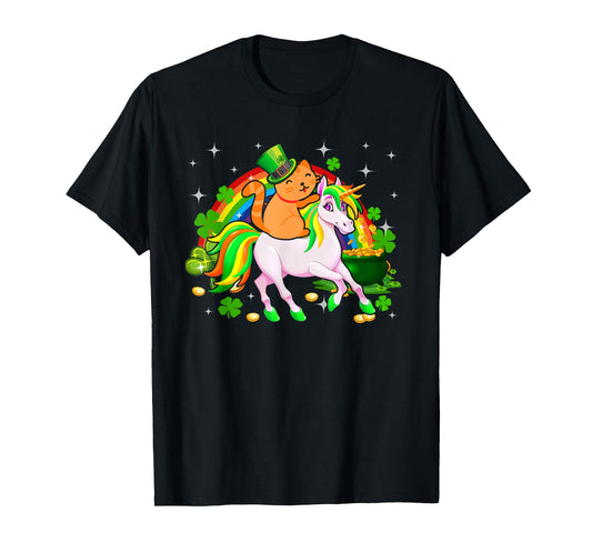 Leprechaun Cat Riding Unicorn Happy St Patrick's Day Gifts T-Shirt for Men Women Kids