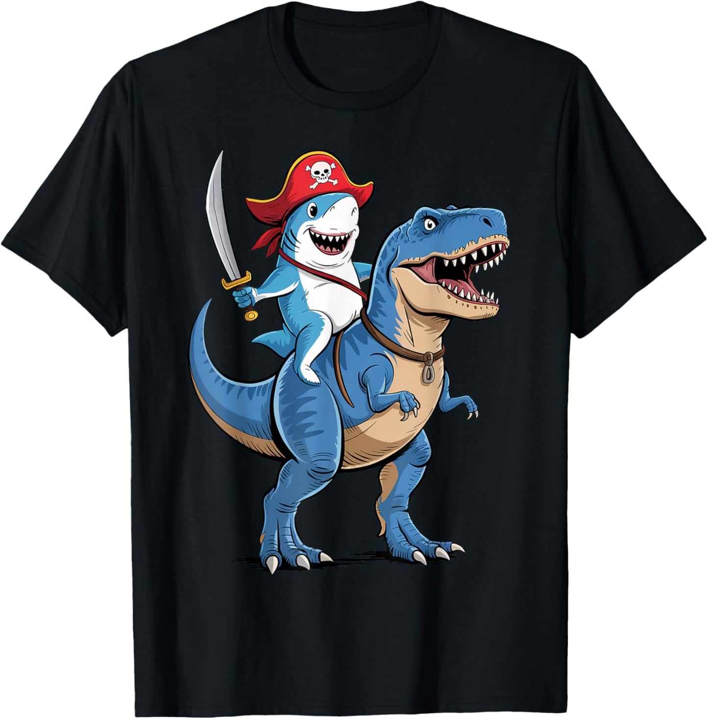 Shark Riding Dinosaur T Rex Pirate Funny Gifts For Boy Kids T-Shirt