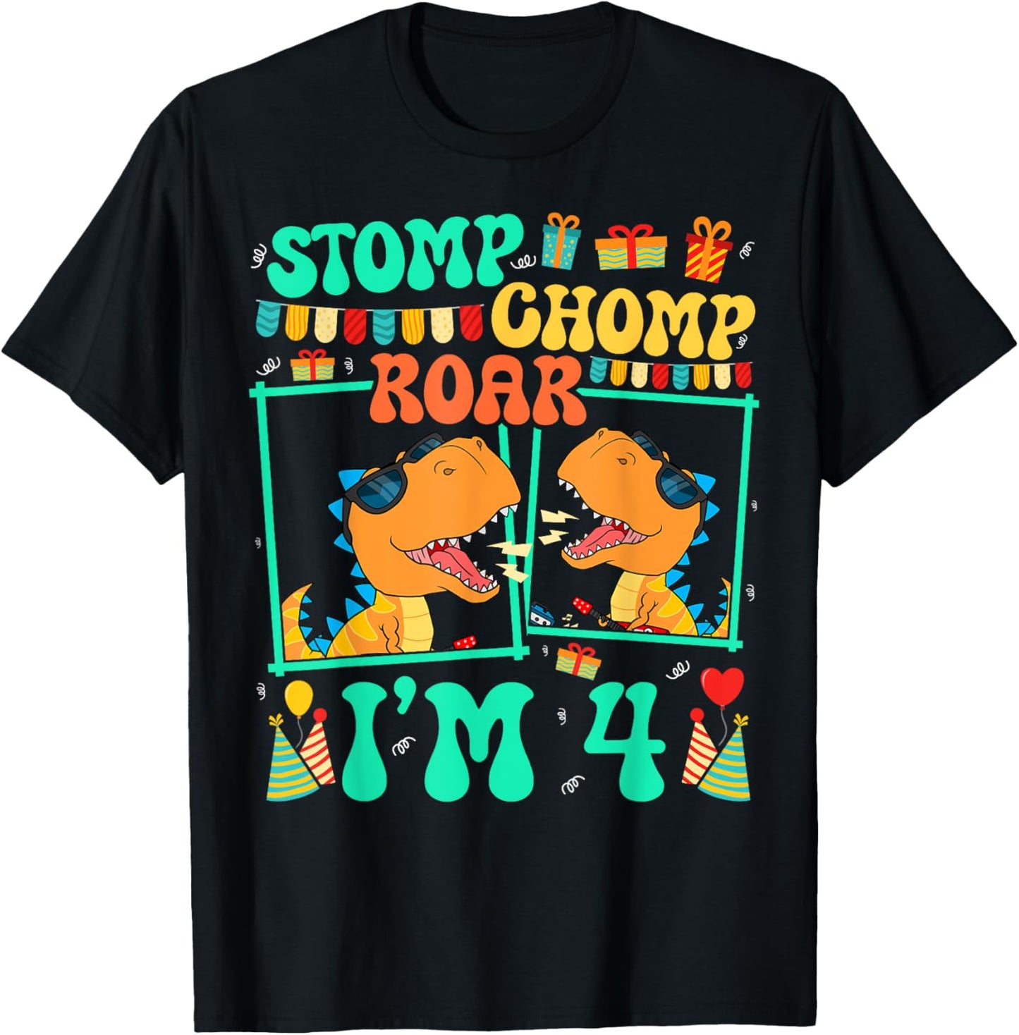 Stomp Chomp Roar I'm 4 Guitar Dinosaur Kid 4th Birthday T-Shirt