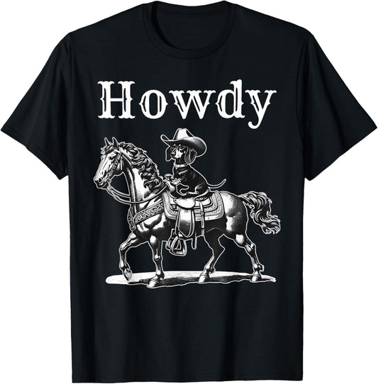 Howdy Cowboy Dachshund Riding Horse Western Wiener Dog Retro T-Shirt