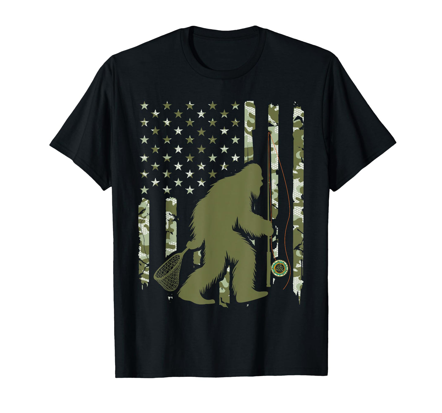 Bigfoot Sasquatch Fly Fishing American Flag Camo Vintage T-Shirt