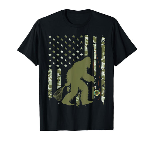 Bigfoot Sasquatch Fly Fishing American Flag Camo Vintage T-Shirt