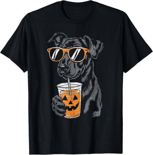 Black Dog with Pumpkin Drink Sunglasses Halloween T-Shirt