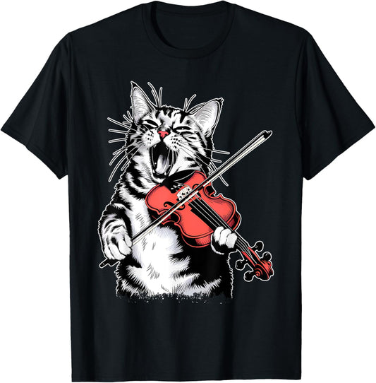 Funny Orchestra Musician Violinist Rock Cat Playing Violin T-Shirt