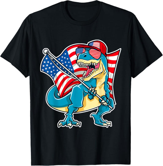 Dinosaur 4th of July Boys T-Rex American Flag USA Patriotic T-Shirt
