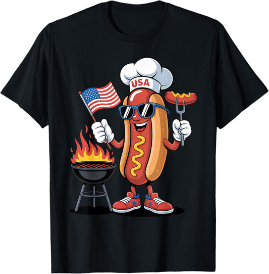 Hot Dog 4th of July Funny Patriotic BBQ Hot Dog USA Flag T-Shirt