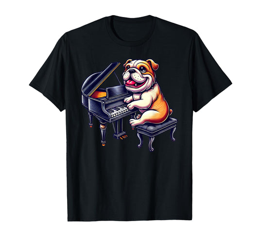 Cute English Bulldog Dog Playing Piano Musician Music T-Shirt