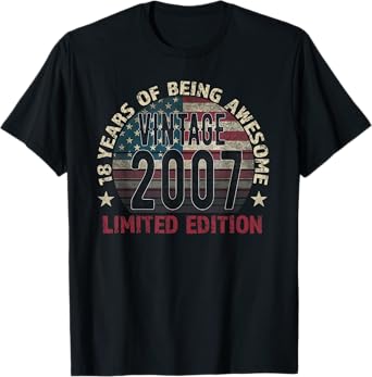 18th Birthday Gift Men Vintage Born 2007 Turning 18 Year Old T-Shirt