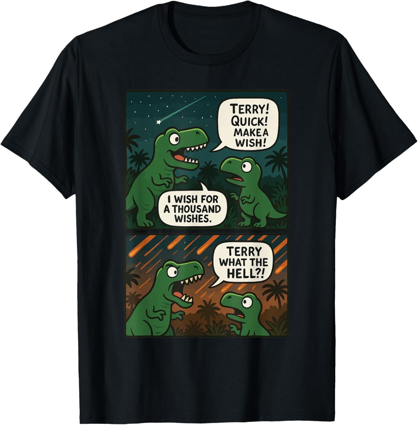 Funny Dinosaur Comic Terry Wish Meteor Joke T-Shirt