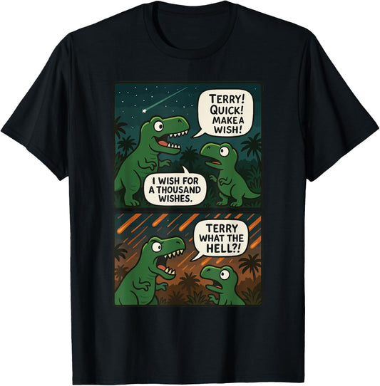 Funny Dinosaur Comic Terry Wish Meteor Joke T-Shirt