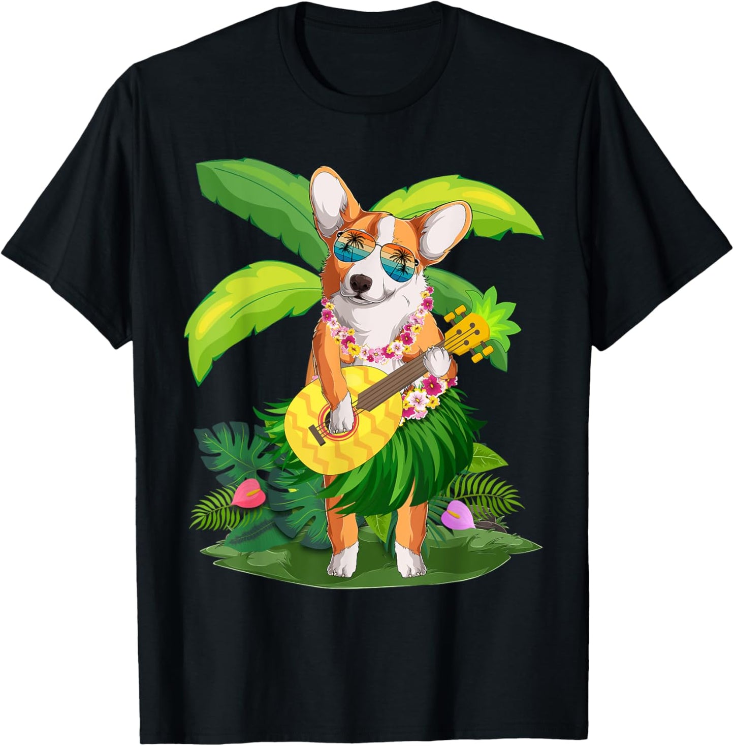 Hawaiian Corgi Dog & Pineapple Ukulele Summer Vacation T-Shirt