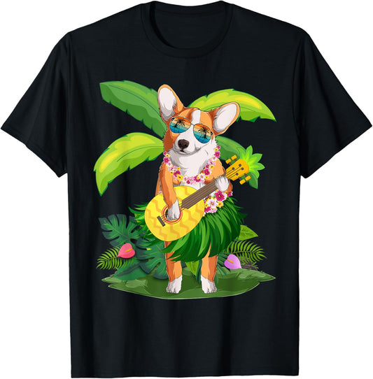 Hawaiian Corgi Dog & Pineapple Ukulele Summer Vacation T-Shirt