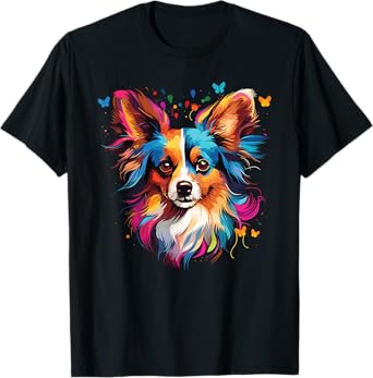 Watercolor Colorful Papillon Dog T-Shirt for Men Women Kids