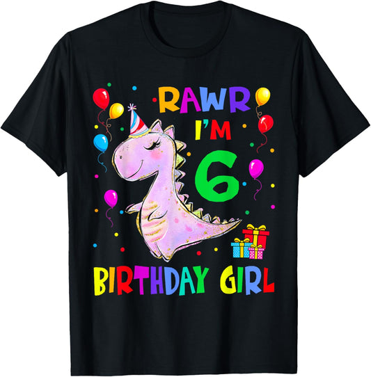 Kids 6 Year Old 6th Birthday Girl T Rex Dinosaur Bday T-Shirt