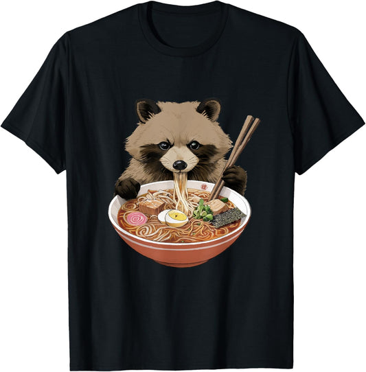 Ramen Tanuki Japanese Raccoon dog Funny Graphic Noodles T-Shirt