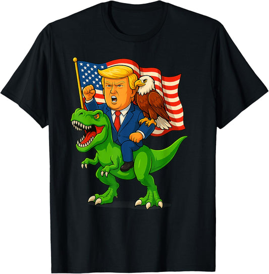 Trump Riding a Dinosaur TRex Funny Merica Patriotic July 4th T-Shirt