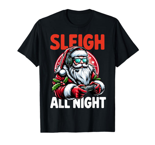 Christmas Gamer Boys Sleigh All Night Video Game Santa Xmas T-Shirt