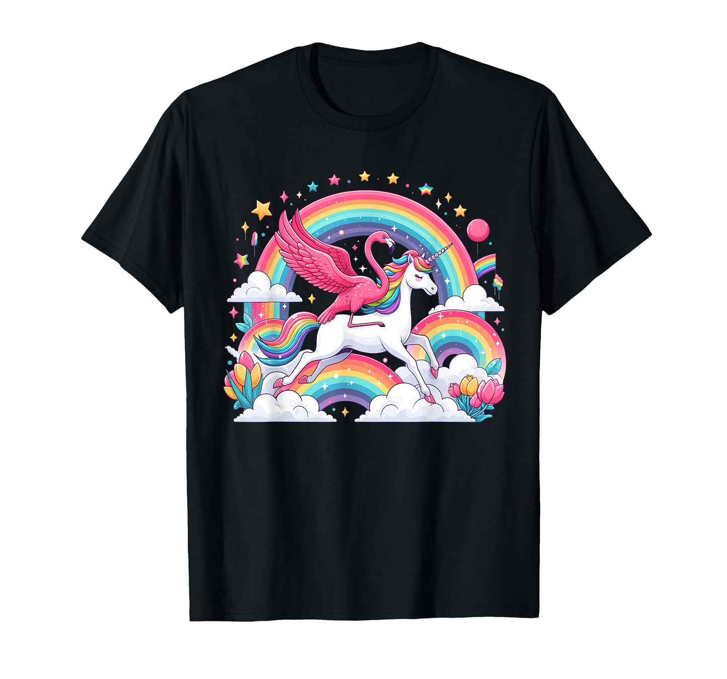 Flamingo Riding Unicorn Galaxy Rainbow Lover Girl Women T-Shirt