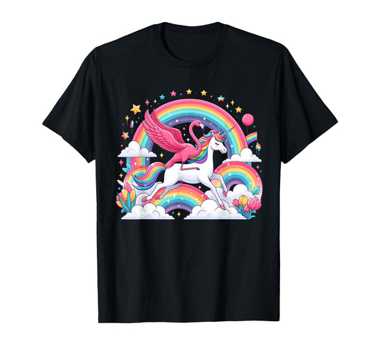 Flamingo Riding Unicorn Galaxy Rainbow Lover Girl Women T-Shirt