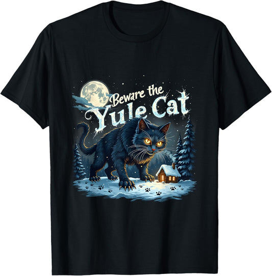 Retro Beware the Yule Cat Winter Black Cat Design Unisex Adult T-Shirt