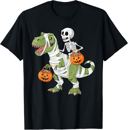 Skeleton Riding Dinosaur T-rex Funny Halloween Toddler Boys T-Shirt