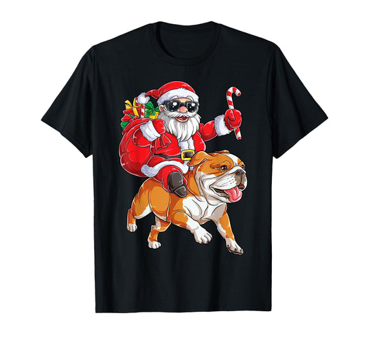 Christmas Santa Claus Riding English Bulldog Xmas Boys Dog T-Shirt