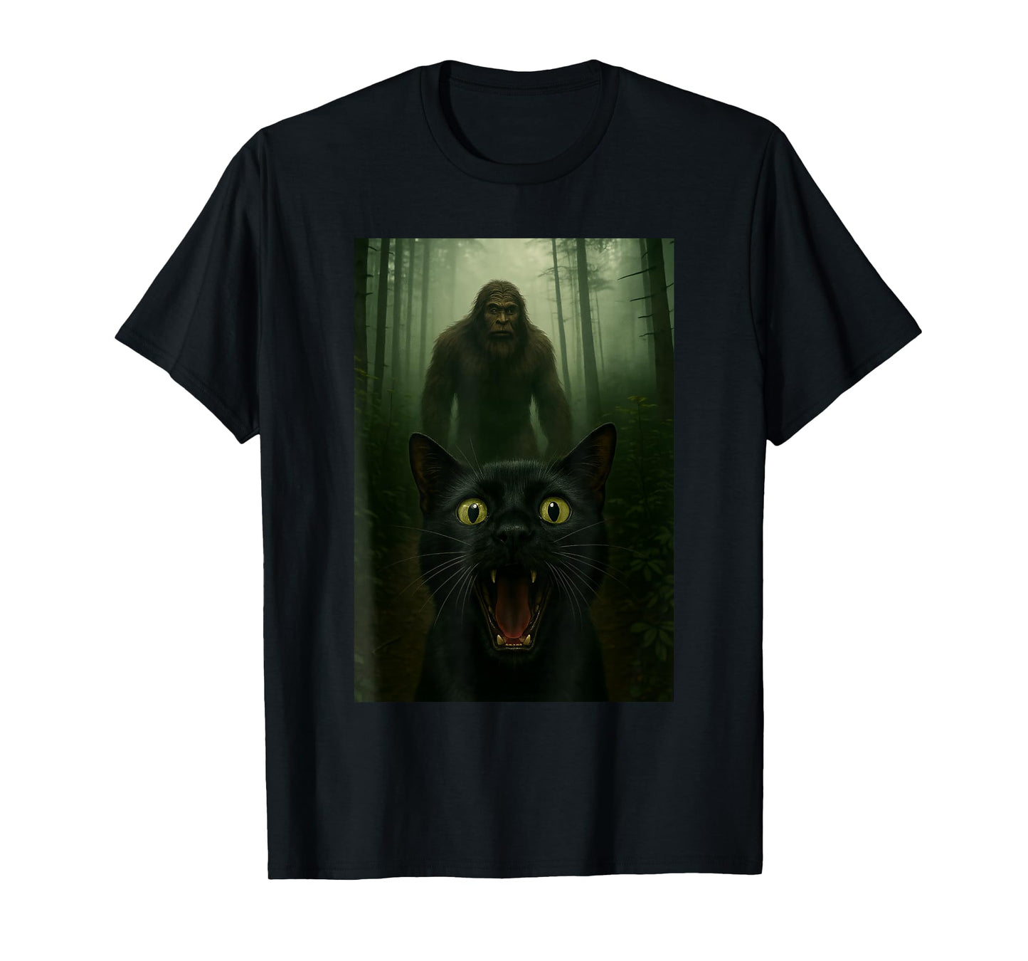 Black Cat Selfie With Bigfoot Funny Sasquatch T-Shirt