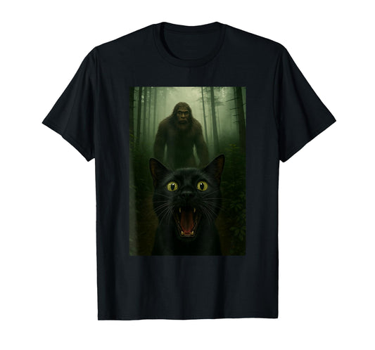 Black Cat Selfie With Bigfoot Funny Sasquatch T-Shirt
