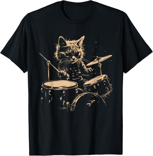 Pop Rock Drummer Cat Kitten Music Playing Drums Music Bands T-Shirt