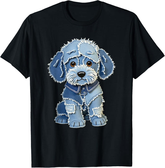 Retro Funny Denim Patch Animal Dog Print T-Shirt