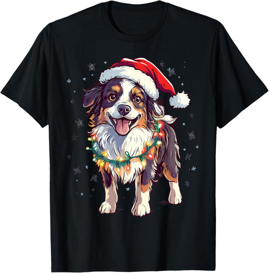 Australian Shepherd Santa Christmas Tree Lights Xmas Aussie T-Shirt