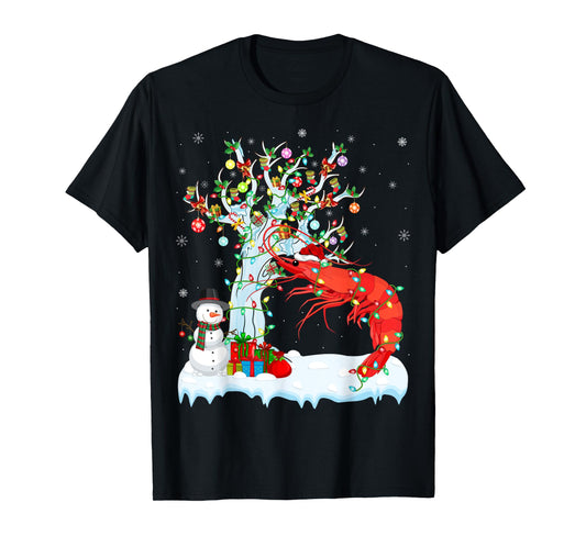 Shrimp Fish Xmas Lighting Tree Santa Hat Shrimp Christmas T-Shirt